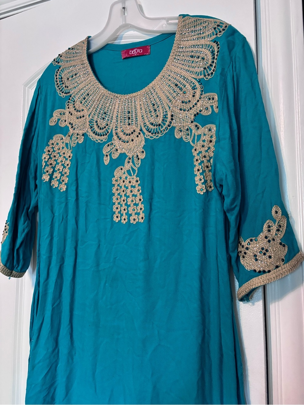 Baya Teal Embroidered Scoop Neck Women's Top Small